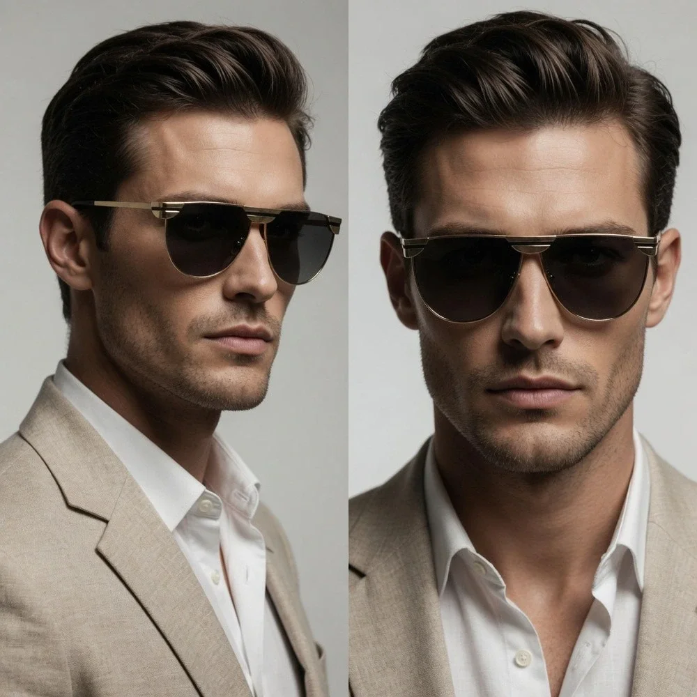 Mens Gold Flat Top Metal Sunglasses Smoke Gradient Lens Shield Shades UV400 2026